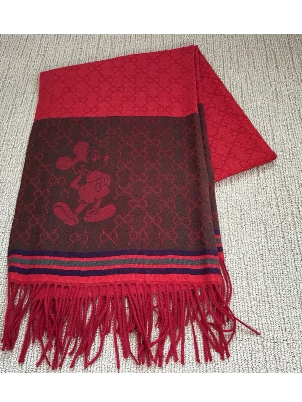 Designer Red & Brown Logo Jacquard Scarf with Fringe